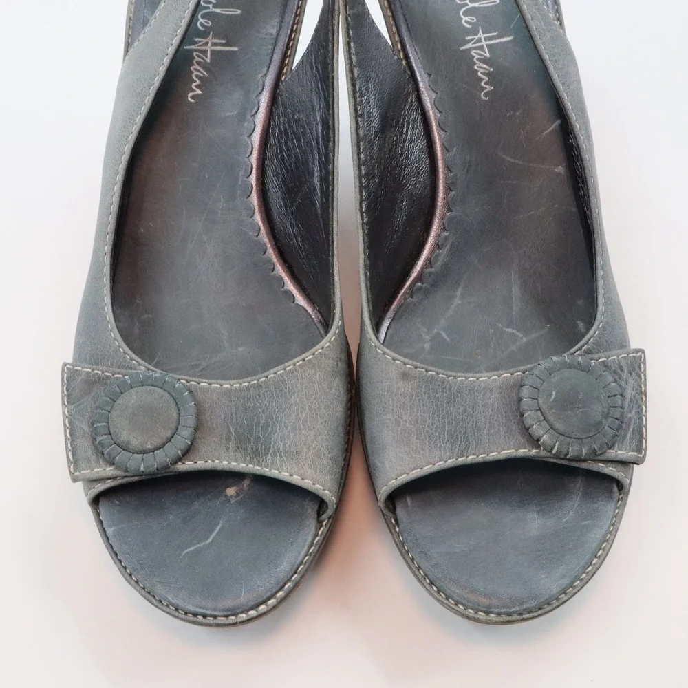 Cole Haan Wedge Sandals Womens 9 B‎ Slate Blue Leather Peep Toe Slingback D21178